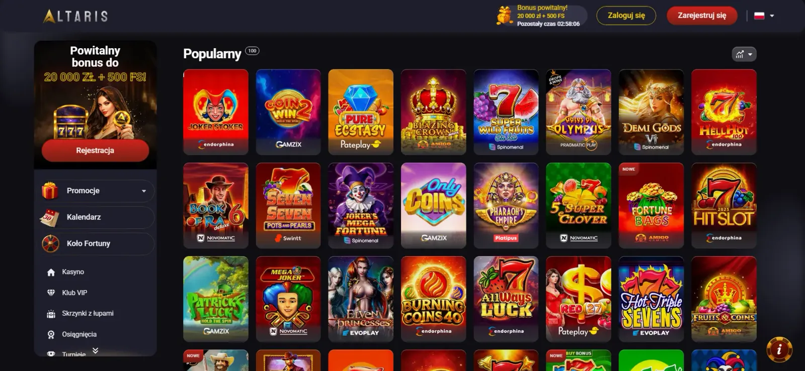Katalog automatów online oraz biblioteka gier hazardowych w Altaris Casino
