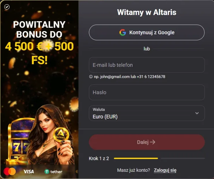 Okno modalne formularza rejestracji nowego konta gracza w Altaris Casino